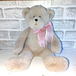 Burton beige plush bear with sheer pink ribbon Retails for $108 on website